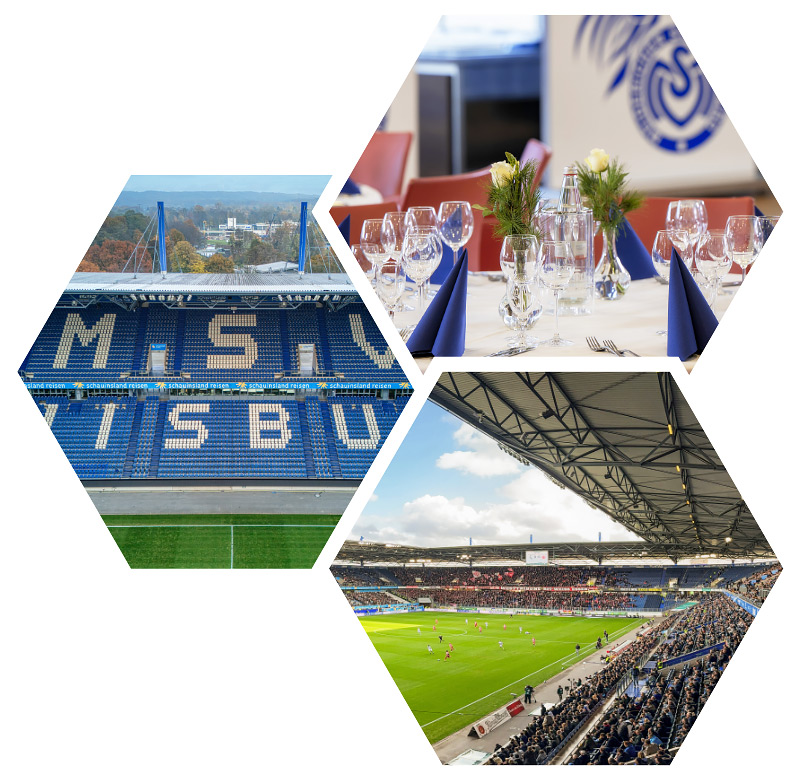 Eine Collage aus drei Bildern: Die leere Schauinsland-Reisen- Arena, ein gedeckter Tisch und ein gefülltes Stadion.