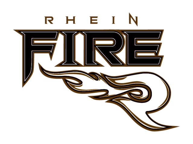 Das Logo von "RHEIN FIRE" mit Flammen unter dem Schriftzug in Schwarz, Weiß und Gold.